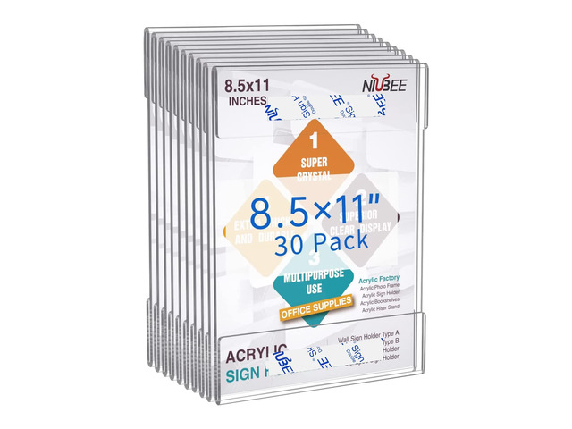 8.5x11 inch Wall Mount Acrylic Sign Holder with Double Sided Adhesive Tape for Office, Home, Store, Restaurant-No Drilling (30 Pack) clear