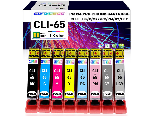 Remanufactured CLI-65 Eight Color PK Ink Cartridges Replacement for Canon CLI-65 CLI65 Ink for Canon PIXMA PRO 200 PRO200 Printer (1BK 1C 1M 1Y 1PM...