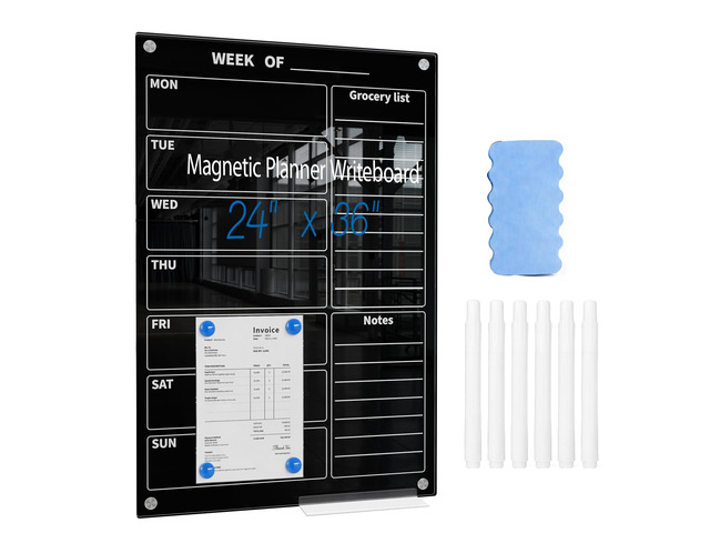 24' x 36' Magnetic Weekly Glass Planner Whiteboard Frameless Black Dry Erase Calendar for Office or Home Kitchen - Premium Tempered Glass, Vertical...