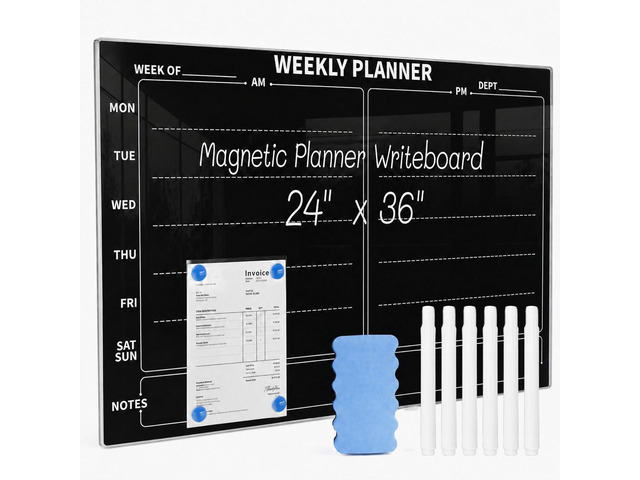 24' x 36' Magnetic Weekly Glass Planner Whiteboard Frameless Black Dry Erase Calendar for Office or Home Kitchen - Premium Tempered Glass,...