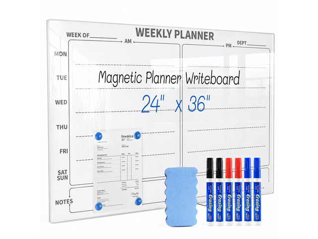 24' x 36' Magnetic Weekly Glass Planner Whiteboard Frameless Ultra-White Dry Erase Calendar for Office or Home Kitchen - Premium Tempered Glass,...