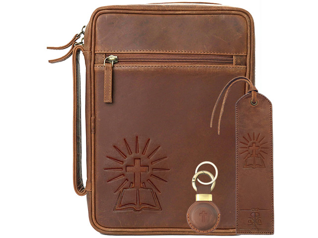 Large Leather Bible Cover with Cross - Genuine Buffalo Leather for Men & Women, with Handle, Zipper, Pockets - Church Bag Plus Bookmark & AirTag...