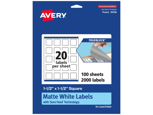 TrueBlock Matte White Square Labels, Sure Feed Technology, 1.5' x 1.5', 2,000 Matte White Labels, Print-to-The-Edge, Laser/Inkjet Printable, Great...