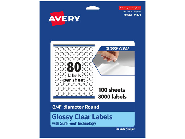 Glossy Clear Round Labels, Sure Feed Technology, 0.75' Diameter, 8,000 Glossy Clear Labels, Print-to-The-Edge, Laser/Inkjet Printable