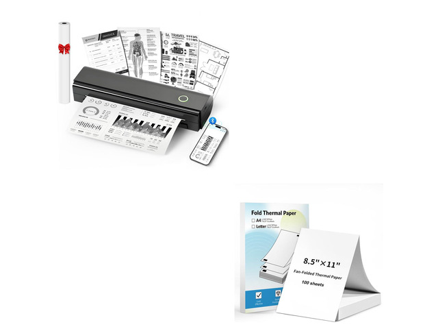 Portable Printer & 100 Sheets 8.5'x11' Fanfold Thermal Paper US Letter Size for Home, car, Office, School, etc