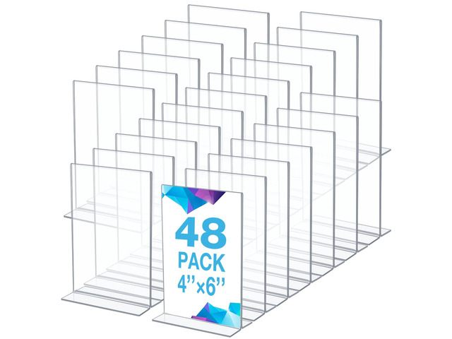 48 Pack Acrylic Sign Holder Plastic Picture Frames Clear Standing Table Top Sign Holder Double Sided T Shape Photo Frame for Table Wedding Party...