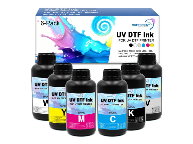 6-Pack UV DTF Ink (BK/C/M/Y/WH+Varnish, 500ml) Compatible with XP600 TX800 i3200 L805 1390 DX5 DX6 DX7 i1600 DX10 for UV-DTF Printer A/B Film,...