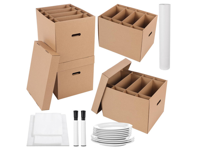 4 Sets Dish Moving Boxes with Divider and Lid Kits 16 x 12 x 12' Dish Packing Boxes with Handle 72 Foam Pouches 100 Packing Papers 2 Markers for...