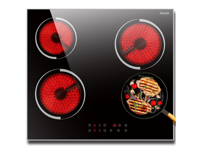 Electric Cooktop 24 Inch 6000W Built-in 4 Burner 24 Inches Electric Ceramic Stove with Glass Protection Metal Frame, Timer, Safety Lock, 220V...