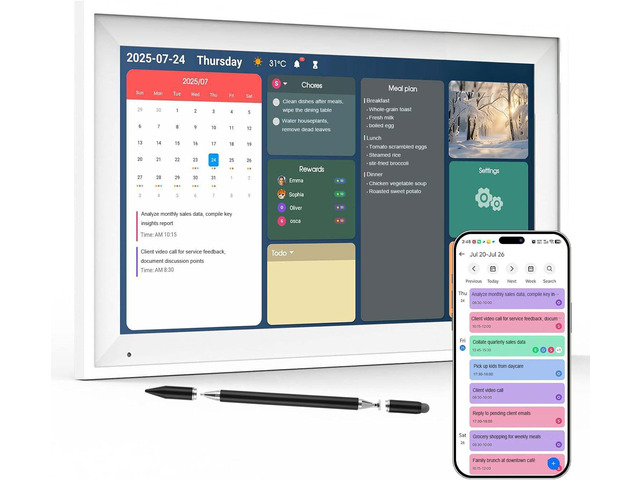 10.1 Inch Smart Digital Family Calendar, White 10.1in digital calendar, 1280x800 touchscreen, 32GB WiFi sync, wall desk mount, stylus, screen...