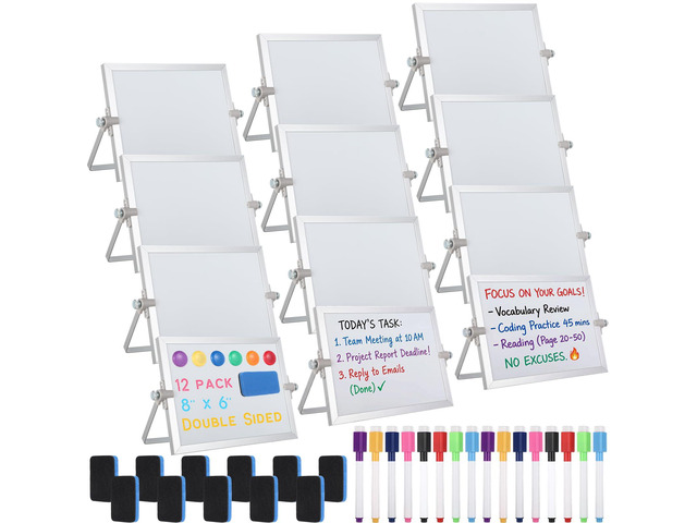 12 Pcs Small Dry Erase White Board with Stand 6 x 8'' Magnetic Tabletop Whiteboard Double Sided Mini Dry Erase Easel Board with Markers Magnets...