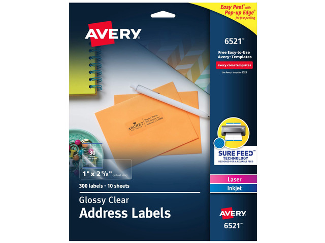 Printable Address Labels with Sure Feed, 1' x 2-5/8', Glossy Clear, 300 Blank Mailing Labels for Laser and Inkjet Printers (6521)