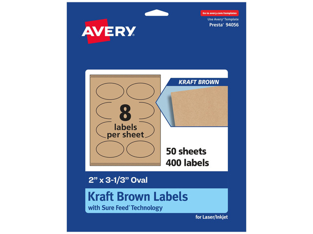 Kraft Brown Oval Labels, Sure Feed Technology, 2' x 3-1/3', 400 Kraft Brown Labels, Print-to-The-Edge, Laser/Inkjet Printable