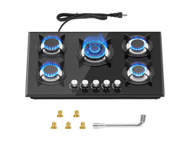 5 Burners Gas Stove 30inch, Built-in Kitchen Gas Stovetop with NG/LPG Conversion Kit, Glass Top Gas Burner (30in x 20.5in)