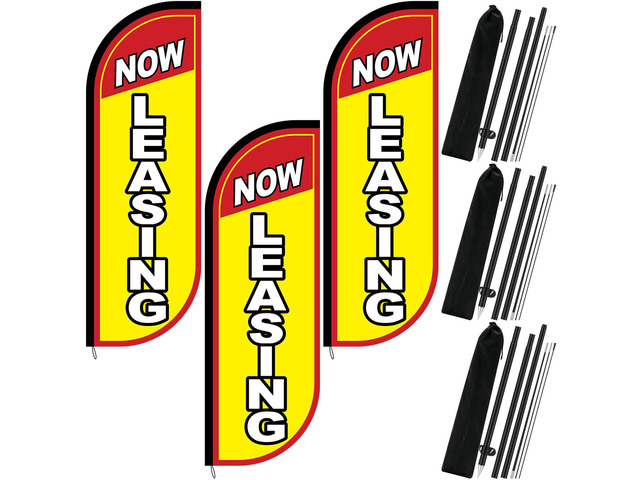 3 Set Now Leasing Feather Flag Pole Kit Now Leasing Advertising Flags Now Leasing Flags with Pole and Ground Stake Real Estate Advertising Swooper...