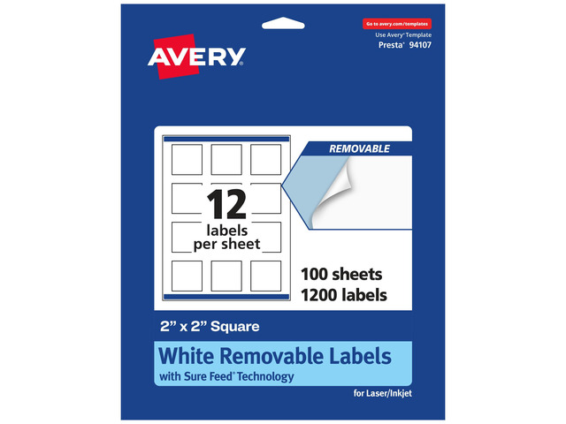 Matte White Removable Square Labels, Sure Feed Technology, Print-to-The-Edge, 2' x 2', 1,200 Removable Labels, Laser/Inkjet Printable