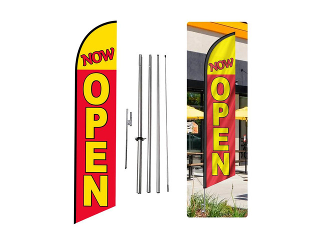 NOW OPEN Advertising Swooper Feather Flag Banner with 15' Foot Pole Kit and Ground Stake - Perfect for Businesses Outdoor Signs