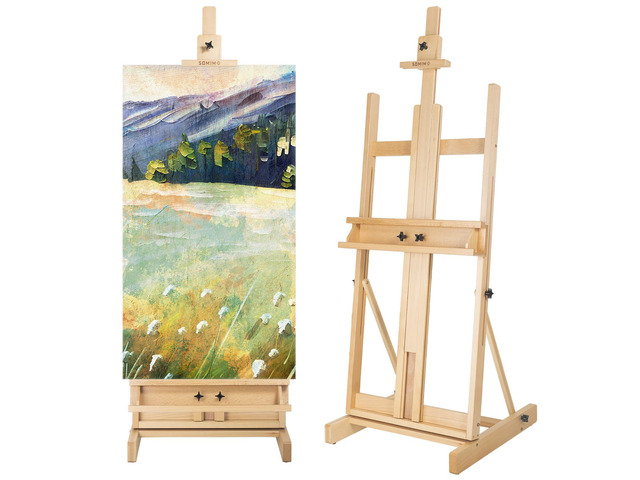 Beechwood H-Frame Artist Studio Easel with Storage Drawer, Natural Adjustable Wooden Painting Easel Holding Canvas up to 78' High