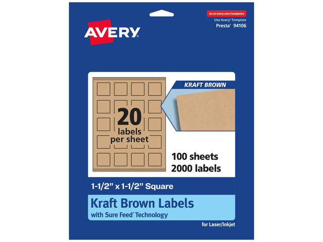 Kraft Brown Square Labels, Sure Feed Technology, 1.5' x 1.5', 2,000 Kraft Brown Labels, Print-to-The-Edge, Laser/Inkjet Printable