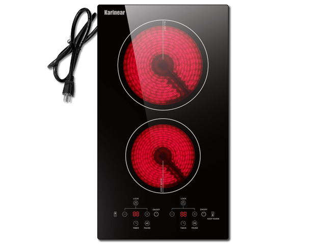 2 Burners Electric Cooktop, 110v Plug in Ceramic Cooktop, 12 Inch Countertop & Built-in Electric Stove Top with Child Safety Lock, Timer,...