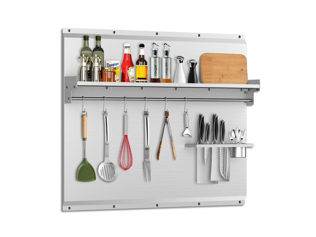 48'x 30' Stainless Steel Backsplash, Range Backsplash with Storage Shelf & Knife Rack, Stainless Steel for Stove Wall Shield with Pre-Drilled Holes