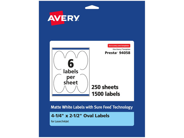 Matte White Oval Labels, Sure Feed Technology, 4.25' x 2.5', 1,500 Matte White Printable Labels