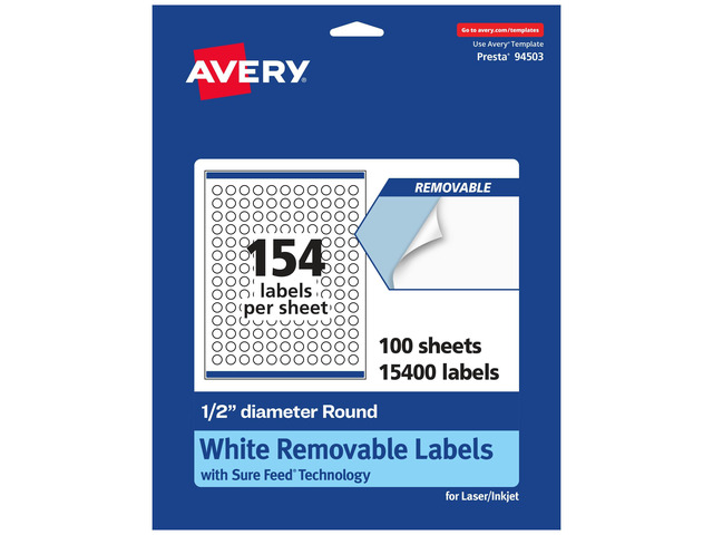 Matte White Removable Round Labels, Sure Feed Technology, Print-to-The-Edge, 0.5' Diameter, 15,400 Removable Labels, Laser/Inkjet Printable