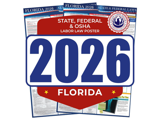 2026 Florida State & Federal Mandatory Labor Law Poster, OSHA Compliant (English Pack of 2)