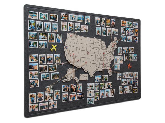 Photo Board with USA Map, 47'' x 32'' Felt Pin Board, Lunar Mist Showcase travel photos with pins on the felt board, mark states visited on the...