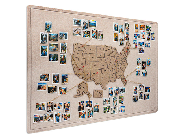 Photo Board with USA Map, 63'' x 32'' Felt Pin Board, Desert Dunes Showcase travel photos with pins on the felt board, mark states visited on the...