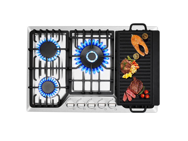 30 Inch Built-In Gas Cooktop with Griddle, 5 Italy SABAF Powerful Burners Over 92% High Efficiency, Max 48300BTU Gas Stove Top, 304 Stainless Steel...