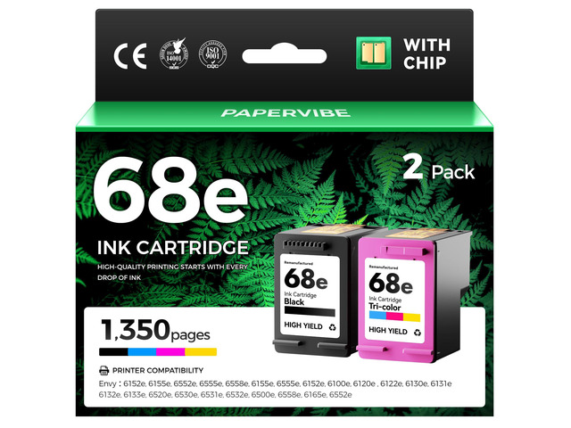 68e 68 Ink Cartridges with chip Black Tri-Color Combo 2-Pack High Yield Replacement for HP Ink 68e 68XL Compatible Work for HP Envy 6155e 6555e...