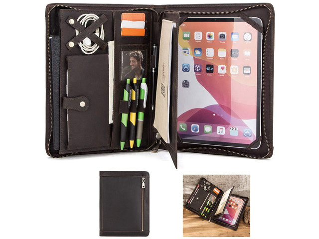 Leather Portfolio Padfolio for ipad Pro 11' Genuine Leather Smart Folio for 11-inch ipad pro 11 case with Pencil Holder Zipper Pocket...
