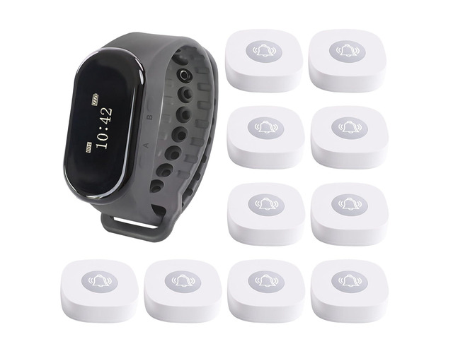 Wireless Calling System, 1 Wrist Watch Receiver 10 Call Buttons Caregiver Nurse Call System Restaurant Waiter Pager System for Restaurant Bar...