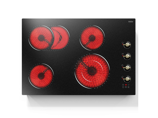 Hobsir 30 Inch Electric Cooktop, 4 Burner 6700W Dual Ring & Oval Burner Golden Knob & Touch Control, 9 Heat Levels, Timer, Safety Lock, Residual...