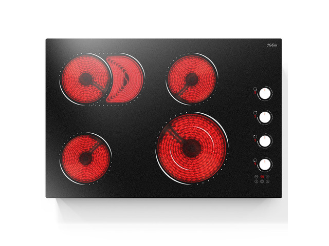 Hobsir 30 Inch Electric Cooktop, 4 Burner 6700W Dual Ring & Oval Burner White Knob & Touch Control, 9 Heat Levels, Timer, Safety Lock, Residual...