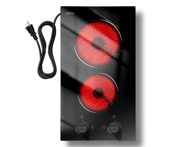 Hobsir 2 Burner Electric Cooktop 110V Plug In 2000W, Countertop & Built-in 12 Inch Dual Heating Zones, 9 Level Knob Control, Auto Shut-off...