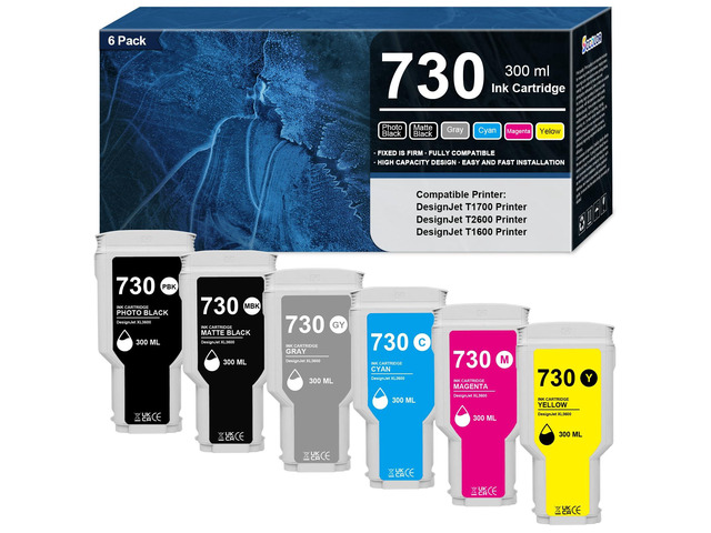 730 Ink Cartridges High-Capacity 300ML 6-Pack Replacement for 730 Ink Cartridge Works for DesignJet T1600 T1700 T2600 T1600dr T1700dr T2600d...