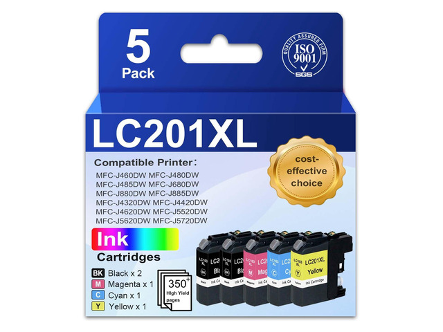 LC201XL LC203 Ink Cartridges (5 Pack, 2Black 1Cyan 1Magenta 1Yellow) Compatible Ink Cartridges Replacement for Brother LC201XL LC203 with FC-J460DW...
