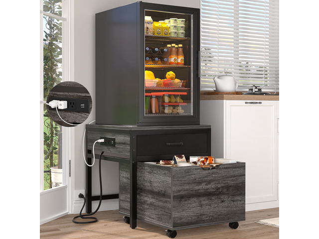 Mini Fridge Stand with Storage & Charging Station, Gray Oak Heavy duty small refrigerator table cart with drawer basket, holds 300 lbs, ideal for...