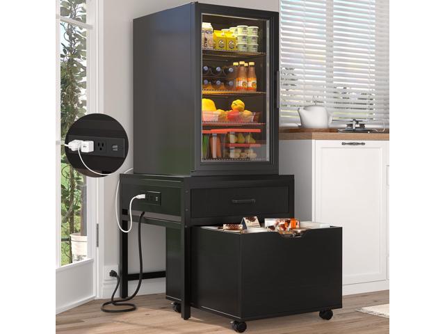 Mini Fridge Stand with Drawer Storage & Power Outlet, Black Heavy duty mobile beverage refrigerator shelf with lockable wheels, 22.8' x 21.6'...