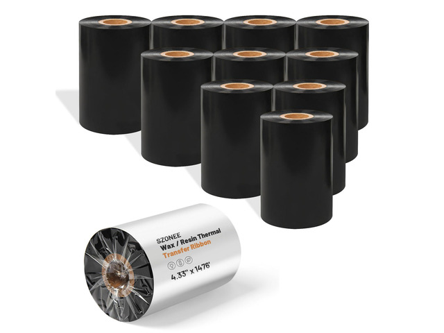 10 Rolls Resin Enhanced Wax Ribbon 4.33' x 1476' 1' Core Thermal Transfer CSO Ink Outside, Barcode Label Printing, Compatible with Zebra, Sato,...