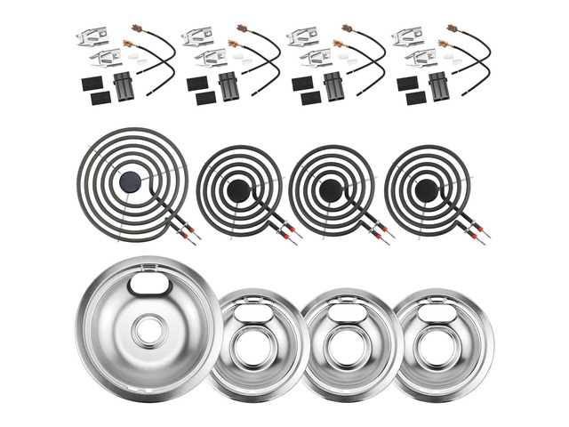 Silver Burner Drip Pans and Stove Burners and Surface Element Receptacle Pans W10196405(8) W10196406(6)+Burners MP15YA(6') MP21YA(8')+330031...