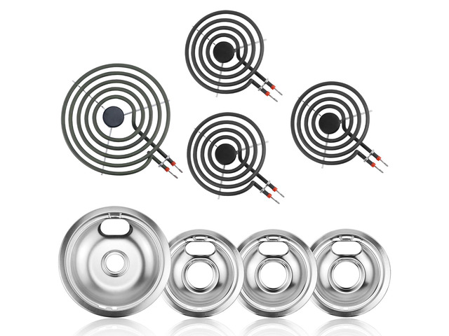 Silver Electric Stove Burner Drip Pans and Stove Burner by Pans W10196405(8) W10196406(6)+Burner MP15YA(6') MP21YA(8') Compatible for Whirl-pool...