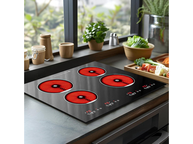 Electric Cooktop, 4 Burner Electric Stove Top 24 Inch Built-in 6000W Ceramic Cooktop with Timer, Kid Safety Lock and Knob Control, 9 Heating...