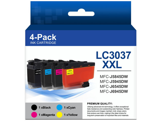 LC3037 BK/C/M/Y Ink Cartridges 4 Pack Compatible for Brother LC3037 XXL LC3037BK, LC3037C, LC3037M, LC3037Y Ink Cartridge Set for MFC-J5845DW...