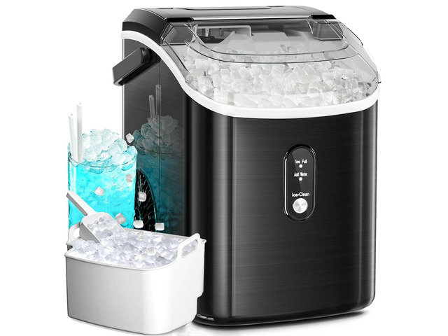 Countertop Nugget Ice Maker, 34 Lbs/24H, Stainless Steel Pebble Ice Machine, One-Click, Self-Cleaning, Compact Ice Maker with Basket & Scoop, for...