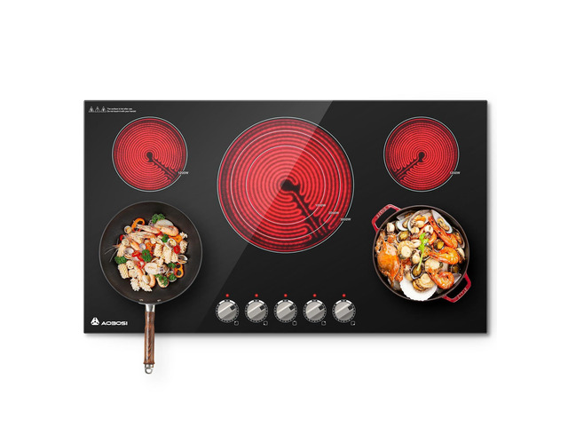 36 Inch Electric Cooktop, 5 Burner 9000W Built-In Ceramic Stove Top with Knob Controls, 9 Heat Levels, Child Lock and Timer, 220-240V Hardwired,...