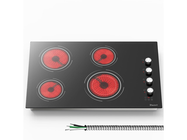 30 Inch Electric Cooktop, 6700W 240V Hard Wired, Silver Knob 4 Burner Electric Stove 30 Inches Built-in, Timer, Safety Lock, Dual Ring, Cut-out...