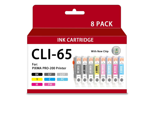 Compatible with Canon PRO 200 / PRO 200S CLI 65 CLI-65 Ink Cartridges 8-Pack with Chip (1BK, 1C, 1M, 1Y, 1PM, 1PC, 1GY, 1LGY)
